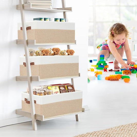 Closet Organizer Bins 3 Pack, Large Storage Bins for Shelves, Foldable Closet Storage Boxes Baskets with Leather Handles for Organizing Clothes, Sheets, Jeans, Toys, Books(Begie)