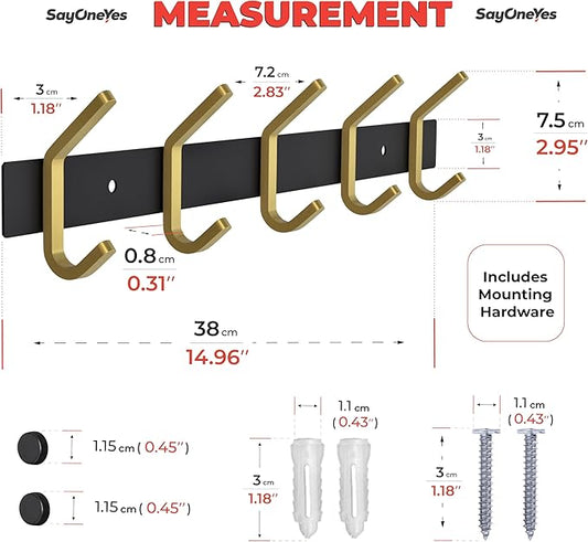 Coat Rack Wall Mount – Black and Gold Hook Rail with 5 Double Coat Hooks, 15 Inch Stainless Steel Wall Hooks for Entryway, Bathroom, Bedroom, Closet, Towel, Hat, Bag, Heavy Duty Organizer