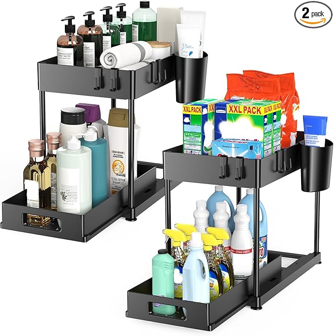 Under Sink Organizers and Storage, 2 Pack Large Capacity Heavy Load Pull-out Under Sink Shelves with Sliding Drawer for Kitchen and Bathroom, Dark Black