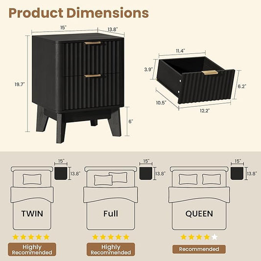 TROJM Fluted Nightstand,Modern End Table with Metal Handle,2 Storage Drawers Side Table,Bedside Table for Bedroom,Wood Nightstands,Curved Profile Design Furnitue,Black