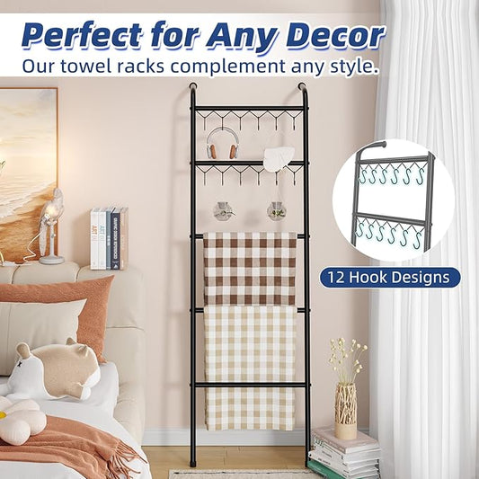 Simple Trending Blanket Ladder,5 Tier Metal Towel Rack with 12 Hooks, 79'' Metal Style Decorative Ladder for The Living Room Bedroom Bathroom Home Decor, Black