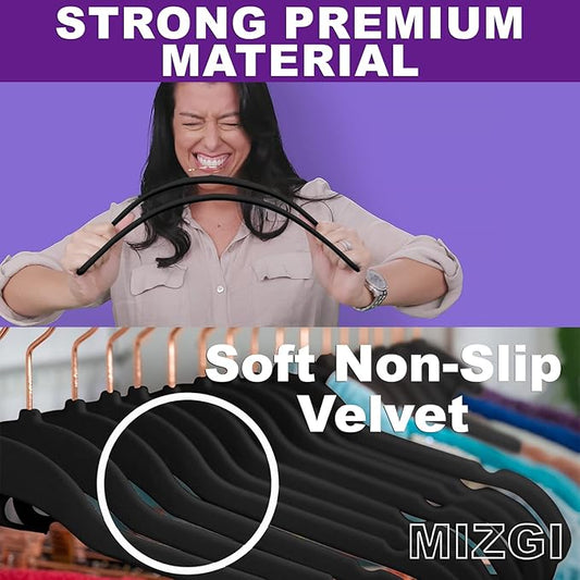MIZGI Premium Velvet Hangers (60 Pack) Heavy Duty- Non Slip Felt Hangers - Velvet Suit Hanger Black - Rose Gold Hooks,Space Saving Clothes Hanger