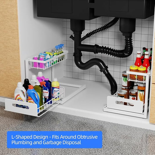 2-Tier Under Sink Slide Out Organizer, 2 Pack Pull Out Cabinet Storage Shelf with Sliding Wire Basket Drawer for Bathroom Kitchen, Countertop or Pantry Shelf, White