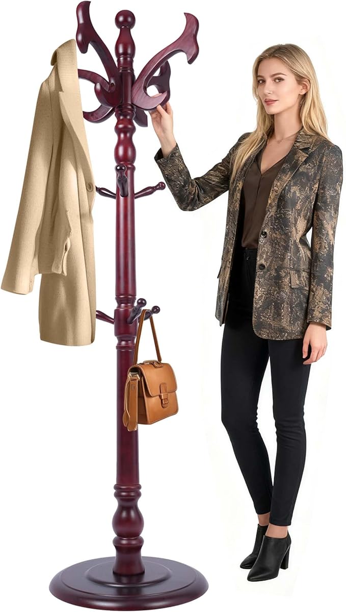73" Wooden Coat Rack Freestanding, Coat Rack Stand With 18 Hooks And Round Solid Wood Base,Adjustable Height, Easy To Assemble For Entrance Hallway Office Living Room Bedroom (fishtail)