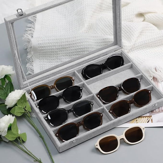 Wudygirl Jewelry organizer Sunglass Organizer 8 Slot Velvet Jewelry Tray Sunglasses Case with Lid Multi Eyeglass Case for Women Men(8 Grid