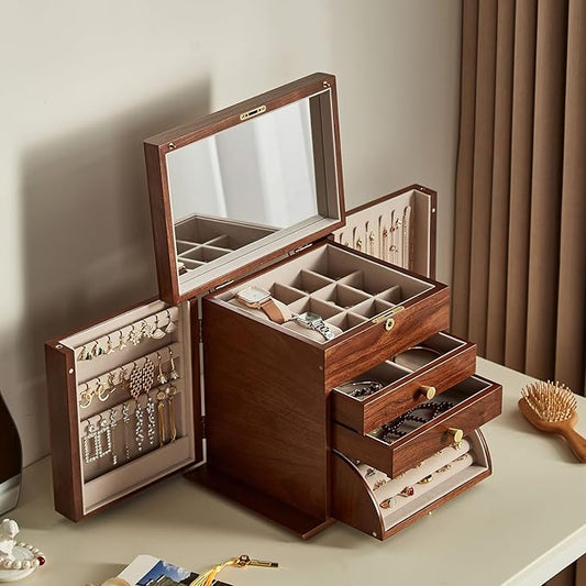 CHOSIN Black Walnut Wooden Jewelry Box, 4-Layer Lockable Organizer with Mirror, Rotatable Ring Holder,Side Doors & Brass Handle, Classical Design for Rings, Necklaces, Earrings, Christmas Gifts