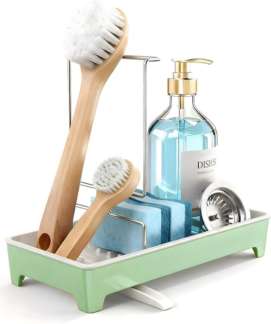 Caumic Minimalist Sink Caddy, Rustproof Sponge Holder for Kitchen Sink with 304 Stainless-Steel Brush Holder, Countertop Rack Organizer with Raised Ridges & Silicone Drain Tube (Mint Green)