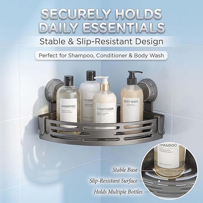 Triangle Suction Cup Shower Caddy, Corner Shower Shelves No Drilling, Aluminum Upgrade Suction Cup Shower Organizer with Towel Bar & Hooks, Heavy-Duty Strong Hold (Gray, 2pcs)