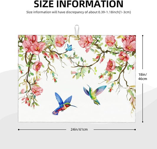 Hummingbird Butterfly Magnolia Dish Drying Mat 18x24 For Kitchen Counter Absorbent Microfiber Dishes Pad Dish Drainer Rack Mats Fast Dry Kitchen Accessories
