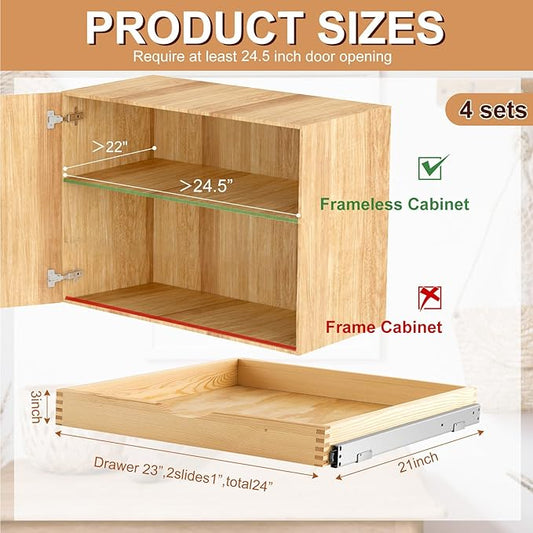 Sintuff 4 Set Wooden Pull out Tray Cabinet Organizer Gentle Close Roll out Shelves for Kitchen Cabinets Fully Assembled Slide Pantry Shelves (24'' X 21'')