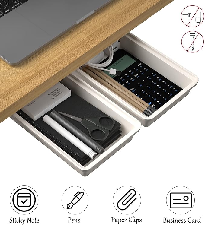 2Pack Under Table Desk Drawer Storage Organizer Slide Out, Hidden Self-Adhesive Under Desktop Pencil Tray Drawer for Office,Classroom,Kitchen(S/white)