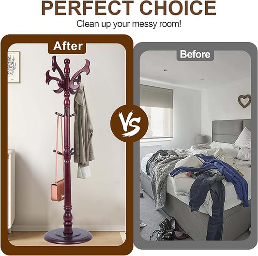 73”Vintage Wooden Coat Rack,With 14 Hooks and Sturdy Round Base.Sturdy and Durable Standing Coat Racks,Adjustable Wooden Freestanding Coat Rack for Porch,Bedrooms (Mahogany) (fishtail, 1 PCS)