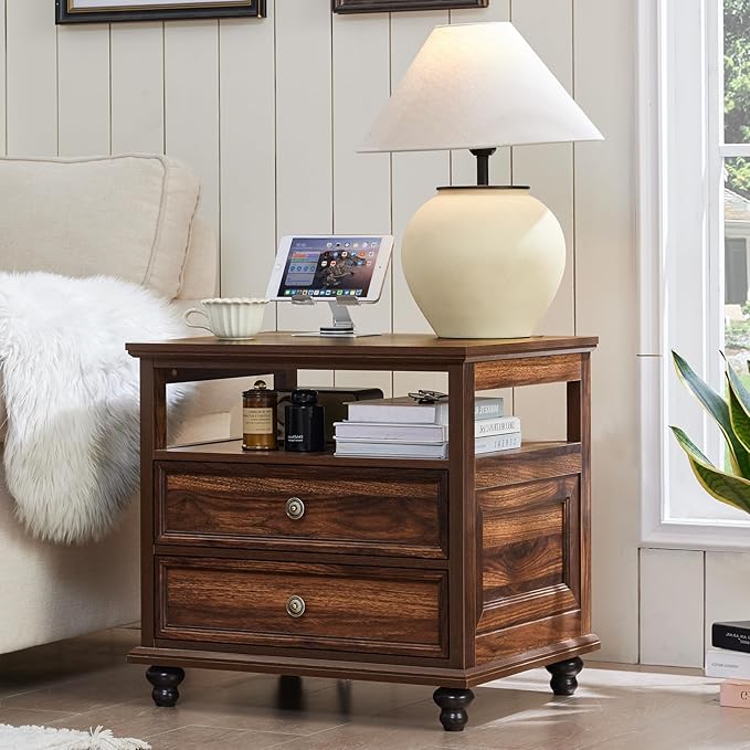 Joaxswe 24" Wide Farmhouse Night Stand,Large End Table with 2 Drawers & Metal Handle,Wood Dresser for Bedroom, Brown Bed Side Table Chest of Drawers Cabinet,Nightstand for Living Room,Closet
