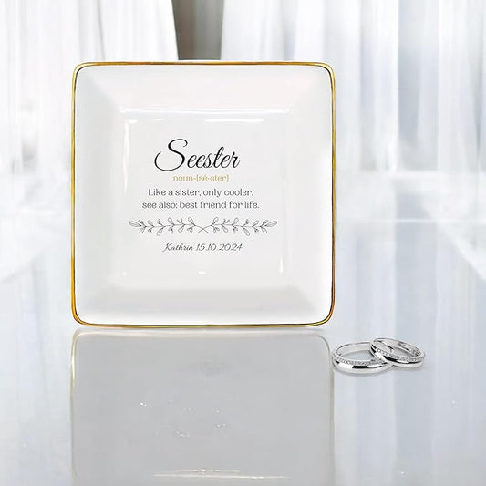 HatafaFurni Personalized Ring Dish Holder for Sister from Sister, Seester Noun Jewelry Dish for Wedding Christmas Birthday Gift, Customized Ceramic Trinket Tray for Bonus Sister, Funny Saying Gifts