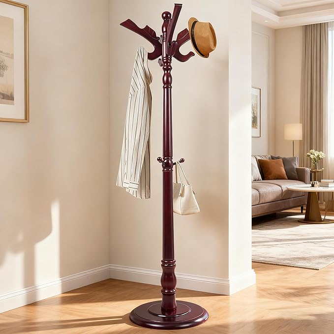 73”Vintage Wooden Coat Rack,With 14 Hooks and Sturdy Round Base.Sturdy and Durable Standing Coat Racks,Adjustable Wooden Freestanding Coat Rack for Porch,Bedrooms (Mahogany) (Flying Swallow, 1 PCS)