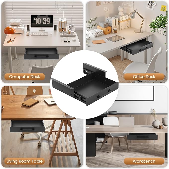 Under Desk Shelf,Under Desk Drawer Slide Out,Metal Under Table Drawer, Black(12inch)
