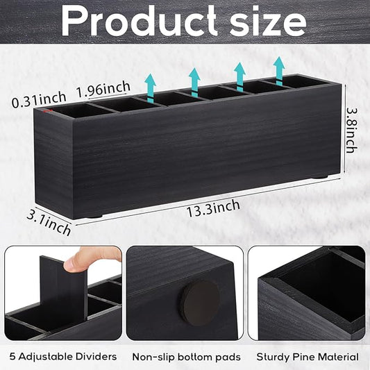 Jetec Wooden Pencil Pen Holder for Desk 6 Compartments Wood Office Desk Organizers for Countertop Adjustable Makeup Brush Organizer Silverware Caddy for Party, Home, Art Supplies(Black)