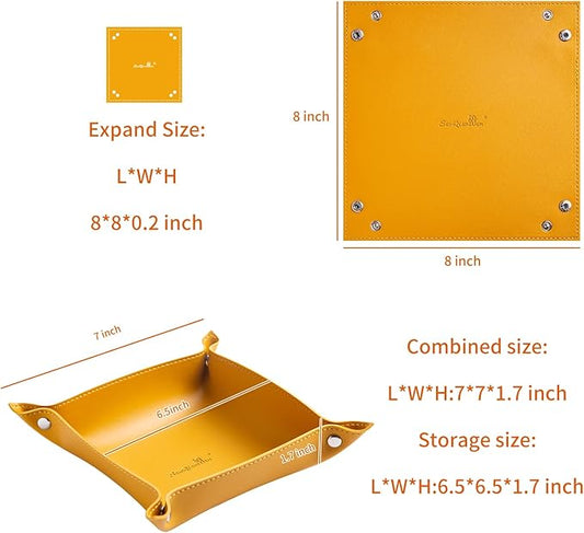 SANQIANWAN Leather Jewelry Valet Tray for Women and Man, Portable Entryway Table Tray Bedside Nightstand Desk Tray Small Catchall Travel Dish Plate for Key,Wallet,Watch,Coin (8x8, Yellow-B)