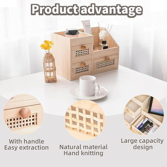 GYASVWU Bamboo Desk Organizer-No Assembly Required,Mini Bamboo Desk Drawer Organizer,Tabletop Storage Box for Office/kitchen counter/Bedroom, No Assembly Required (3 Drawer with Shelf)