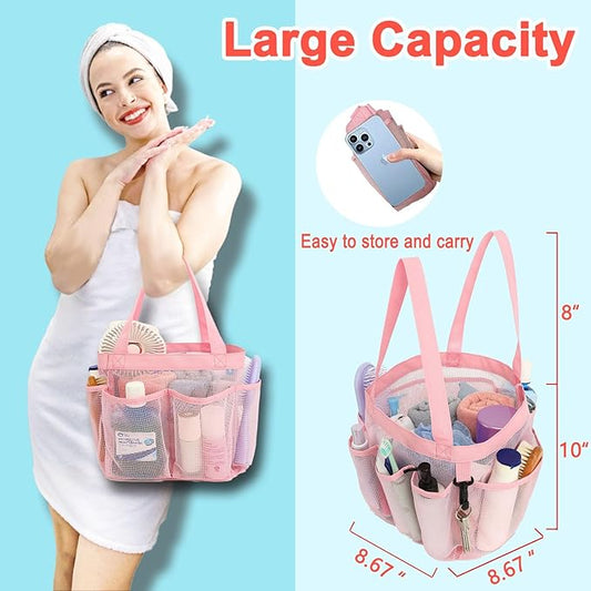Fammart Mesh Shower Caddy Portable for College Dorm Room Essentials, 8-Pocket Large Shower Basket Tote Bag with 2 Handles for Toiletry, Bathroom, Beach, Camp, Gym