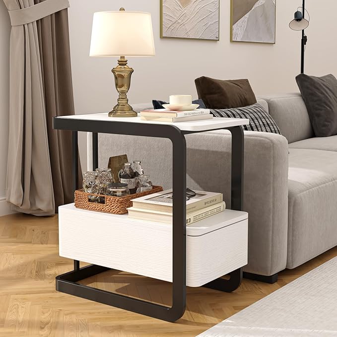 Narrow Side Table, End Table with Drawer& Storage Shelves, Modern Sofa Couch Table Curved Bedside Table for Living Room Bedroom, Narrow Nightstand with Thickening Iron Shelves for Small Space, White
