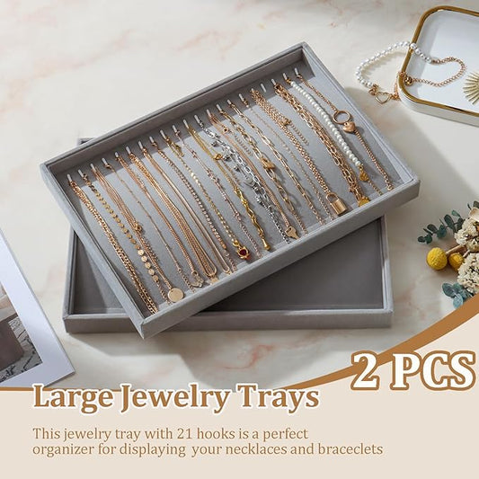 KATISYIO Large Velvet Jewelry Tray 2 Pack Stackable Jewelry Display Drawer Inserts Trays Organizer for Earring Bracelet Necklace Ring (Gray, 20 Hooks)