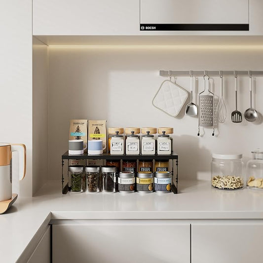 Stackable Expandable Metal Shelf Organizer - Adjustable Wire Storage Rack with Holes for Kitchen, Bathroom, Cabinet, Office - Space Saving, Durable & Sturdy Design(1PACK/Large/Black