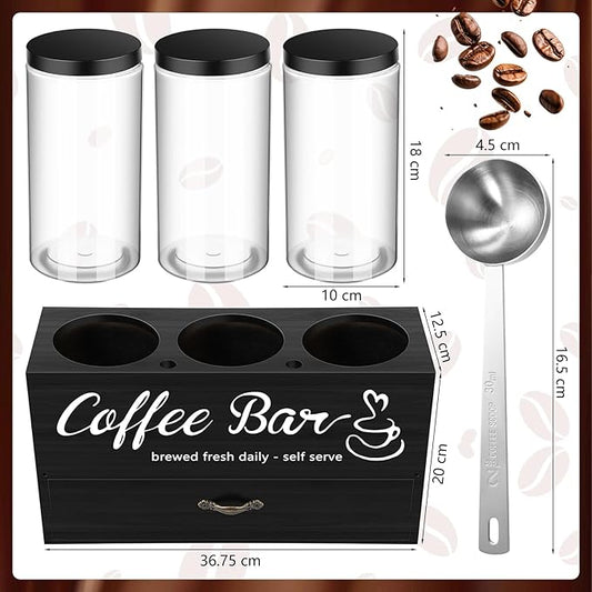 3 Pcs Coffee Canister Set with Shelf and Spoon Plastic Coffee Bean Storage Container with Lids Coffee Storage Box with Drawer Food Storage Jars for Coffee Bar Kitchen (Black)