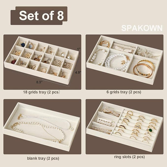 SPAKOWN Jewelry Drawer Organizer Inserts Set of 8, Small Stackable Jewelry Tray with Removable Dividers for Earrings Necklaces Rings Bracelets (Beige)