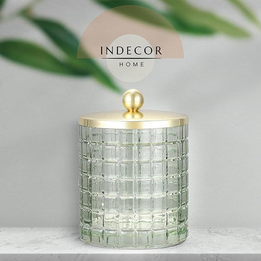 Indecor Home Sage Colored Tranlucent Apothecary Etched Geometric Grid Glass Jar W/Gold Metal Lid Cover for Bathroom Organization, Cotton Balls, Q Tips, and Small Accessories, Bathroom Storage