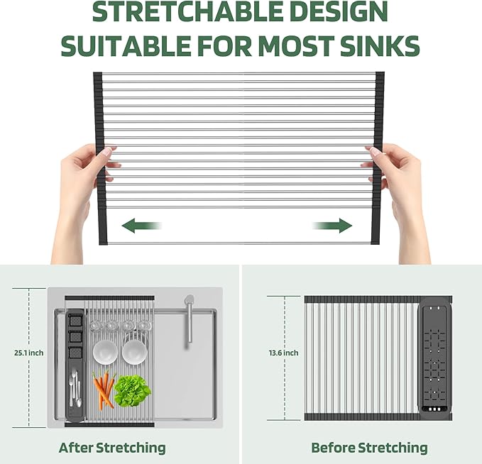 Extra Large Black Expandable Roll Up Dish Drying Rack,Over The Sink Kitchen Rolling up Dish Drainer, for Kitchen Sink Counter,Foldable Sink Cover with Removable Utensil Holder(Expandable Width Size)