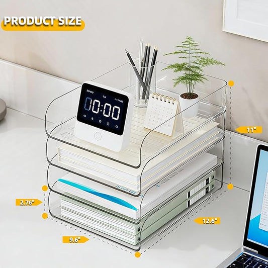 HIYOHIYO 4 Tier Clear A4 Paper Tray, Acrylic Desk Organizer for A4 File, Stackable Paper Organizer for Office, Large Capacity Desktop Letter Holder, Stackable Papers Storage Rack, Vertical Style