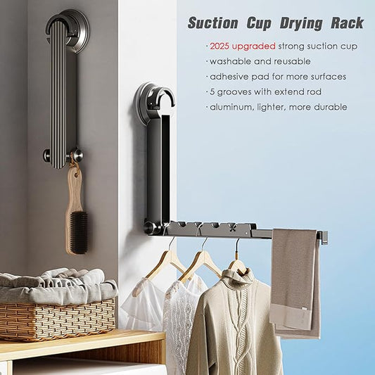 Foldaway Clothes Wall Mounted Drying Rack with Suction Cup,All Metal in Space Aluminum, Foldable, Retractable, Portable for Laundry (Grey)