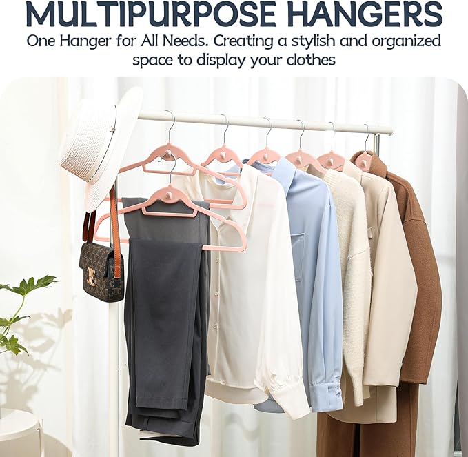 Velvet Hangers 50 Pack Pink, Non Slip Stackable Clothes Hangers with Cascading Hooks, Ultra Thin and Space Saving Felt Hangers with Tie Bar, 360° Swivel Hooks, Heavy Duty for Suit Coat Shirt Pant