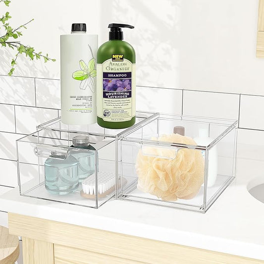 3 Pack Stackable Makeup Organizer and Storage, Acrylic Organizers,Clear Plastic Storage Drawer with Handles for Vanity, Undersink, Kitchen Cabinets, Pantry