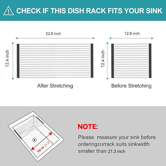 Extra Large Expandable Roll Up Dish Drying Rack,Over The Sink Drying Rack Sink Cover Kitchen Sink Accessories Kitchen Rolling up Stainless Steel Drainer, Foldable,Rollable(Black,25.1''-12.4'')