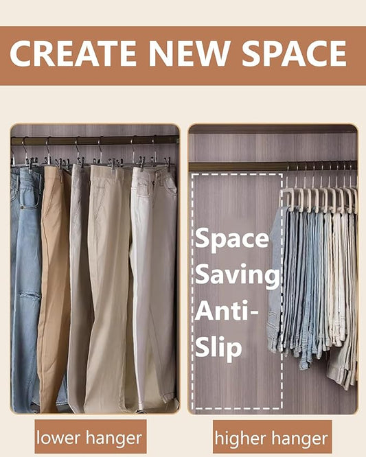 HGYZE Velvet Pant Hanger Space Saving, 20 Pack Non-Slip Shorts Hanger, Jeans Slack Trousers Hanger with 10pcs Clothe Hanger Connector Hooks Closet Organizer, Slim Felt Hangers for College Dorm (Beige)