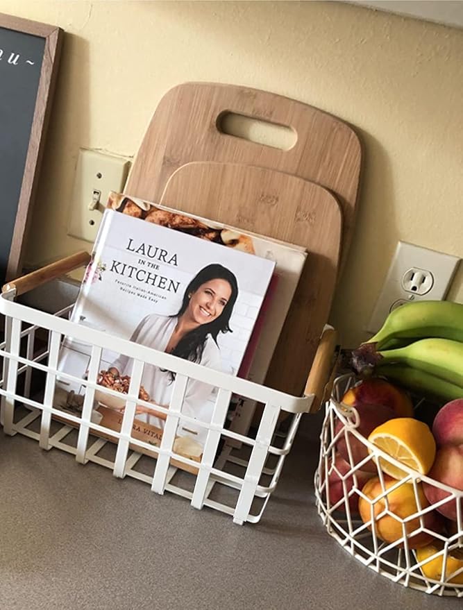 Farmhouse Baskets Wire Storage Metal Baskets Storage Bin Basket Organizer Farmhouse fruit Bin with Wood Handles for Pantry Cabinets Rustic Kitchen Counter Closet,2 Pack - White