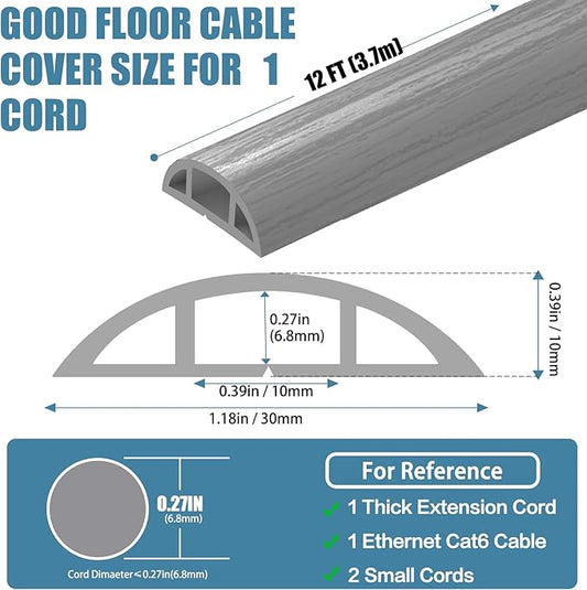 Floor Cord Covers for Wires 12FT Cable Hider Wire Cover Self Adhesive Cord Hider Floor for Offices, Homes, Workshops, Warehouses Cable Cavity 0.39" W x 0.27" H