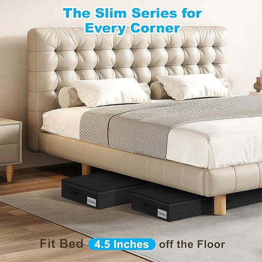 Under Bed Storage Container Bin 4 Pack, 4.5 Inch Slim Low Profile Underbed Clothes Storage Organizer for Dorm & Home, Use for Blanket and Toy Storage Box W/ Sturdy Bottom/Sides, Foldable Thick Fabric