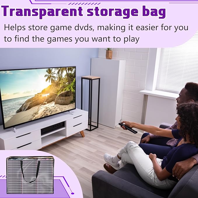 Buryeah 2 Packs Extra Large DVD Storage Bags, Storage Case Holder Organizer Holds up to 360 DVDs Clear Plastic Bags Video with Carrying Handles and Zipper, Media Organizer for Movie VHS(Clear)