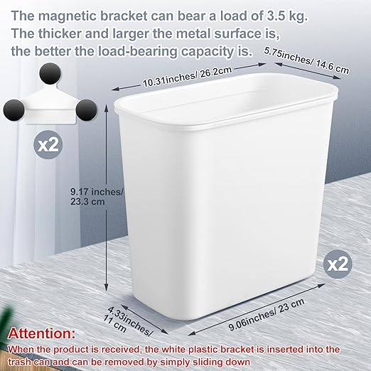 2 Pcs 2.1 Gallon Magnetic Hanging Trash Can Wall Mounted Plastic Garbage Container Lint Bin for Laundry Room Hanging BBQ Utensils Organizer Holder for Kitchen Cabinet Bedroom Bathroom Camping