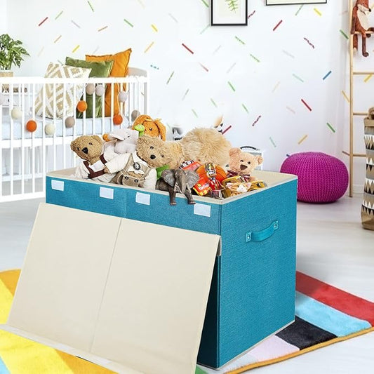 popoly Large Toy Box Chest Storage with Flip-Top Lid, Collapsible Toy Bin Storage Organizer for Boys, Kids, Girls, Toys, Playroom Organizers, 25"x13" x16"(Linen Teal)