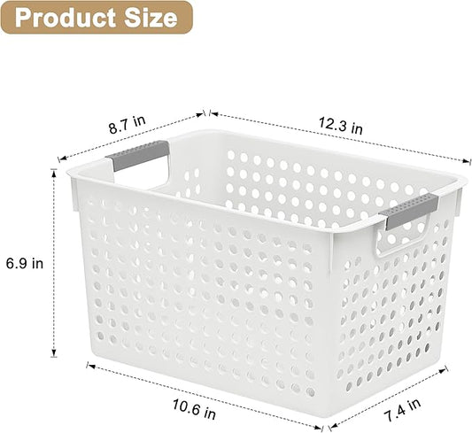 Soddeph 4 Pack Plastic Deep Storage Basket with Handles, Cubbies Organizer Bins with Hollow Design for Under Counter, Closet, Kitchen or Bathroom 12.3" × 8.7" × 6.9"(White, Medium)