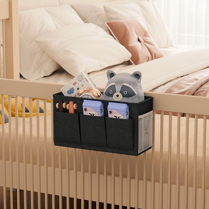 Edudif Dual-purpose Bedside Caddy Bedside Organizer, Bed Caddy with 6 Pockets, Versatile Bedside Storage Solution Magazine Remotes holder, ideal for Home, Dorm, Hospital, Crib Bed (Black)