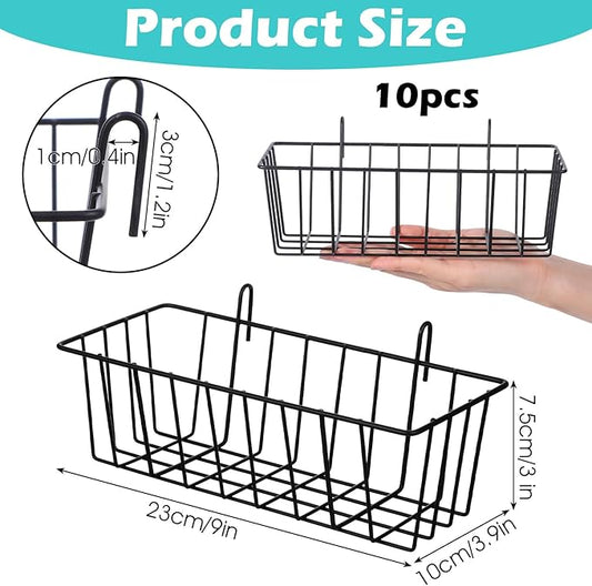 10 PCS Hanging Wire Baskets for Organizing - Hanging Metal Basket Storage with Wall Grid Panel, Rust-Resistant Iron for Kitchen Bathroom Home Decor (Black, 9x3.9x3 Inches)