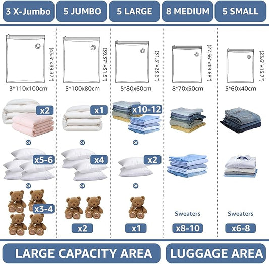 BoxLegend Vacuum Storage Bags with Electric Pump 26 Combo (3X-Jumbo, 5 Jumbo, 5 Large, 8 Medium, 5 Small) Thickened Vacuum Seal Bags for Clothing Space Saving for Coat Quilt Blanket Pillow Comforters