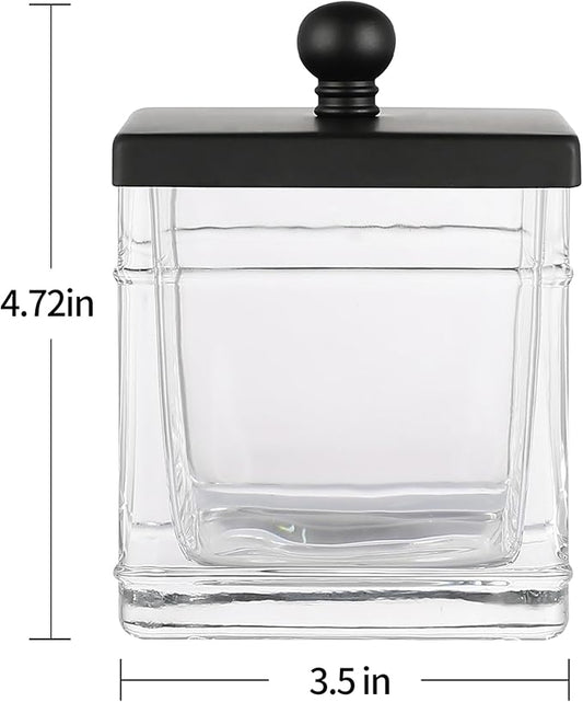 Indecor Home Glass Cotton Jar Holder 2 Pack– Matte Black Lid, Elegant Bathroom Storage Canister for Qtips, Cotton Balls, Floss, Makeup Organizer, Vanity & Bathroom Organization