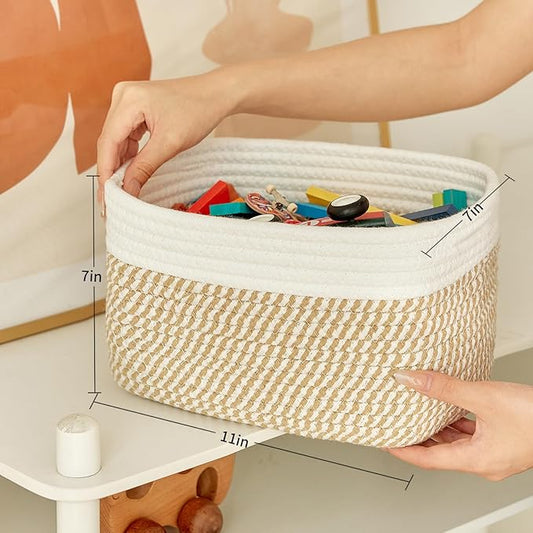 Small Cotton Rope Basket – Storage Bin for Organizing (10.6" x 6.7" x 6.7"), Bathroom Storage Basket for Shelf, Counter & Closet(White & Mixed Camel)
