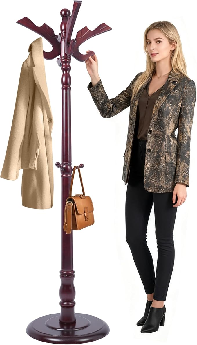 73" Wooden Coat Rack Freestanding, Coat Rack Stand With 18 Hooks And Round Solid Wood Base,Adjustable Height, Easy To Assemble For Entrance Hallway Office Living Room Bedroom (Flying Swallow)